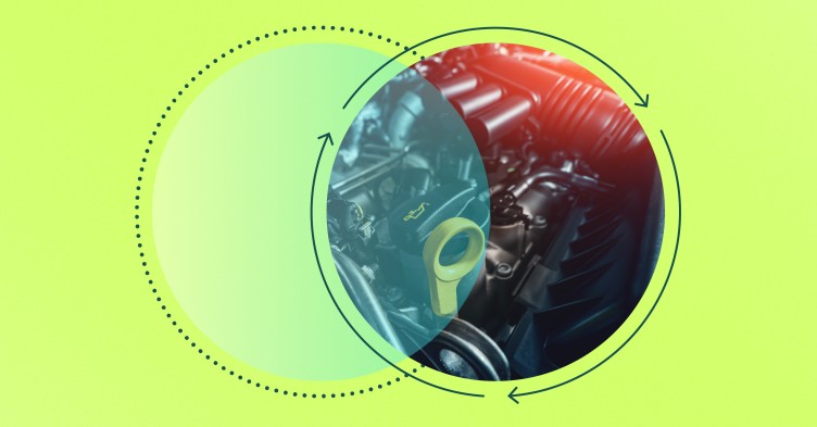 Electric car engine in a circular graphic, on a green background.