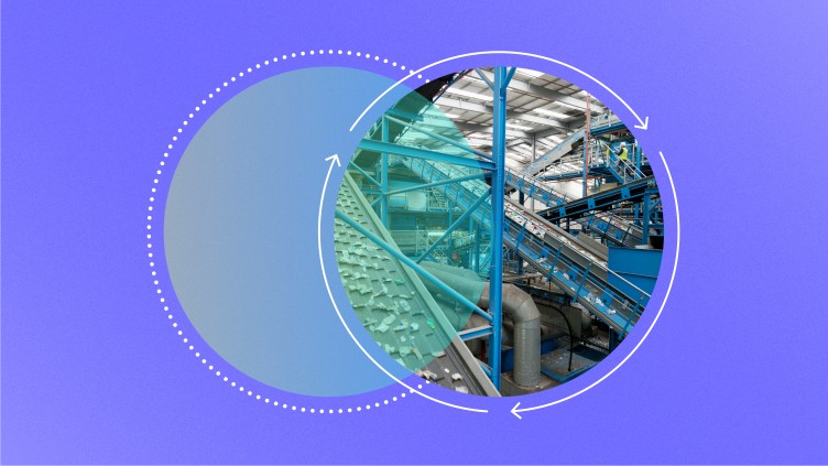 Graphic featuring 2 circles. Left circle features inside of a plastics production factory, on a purple background.